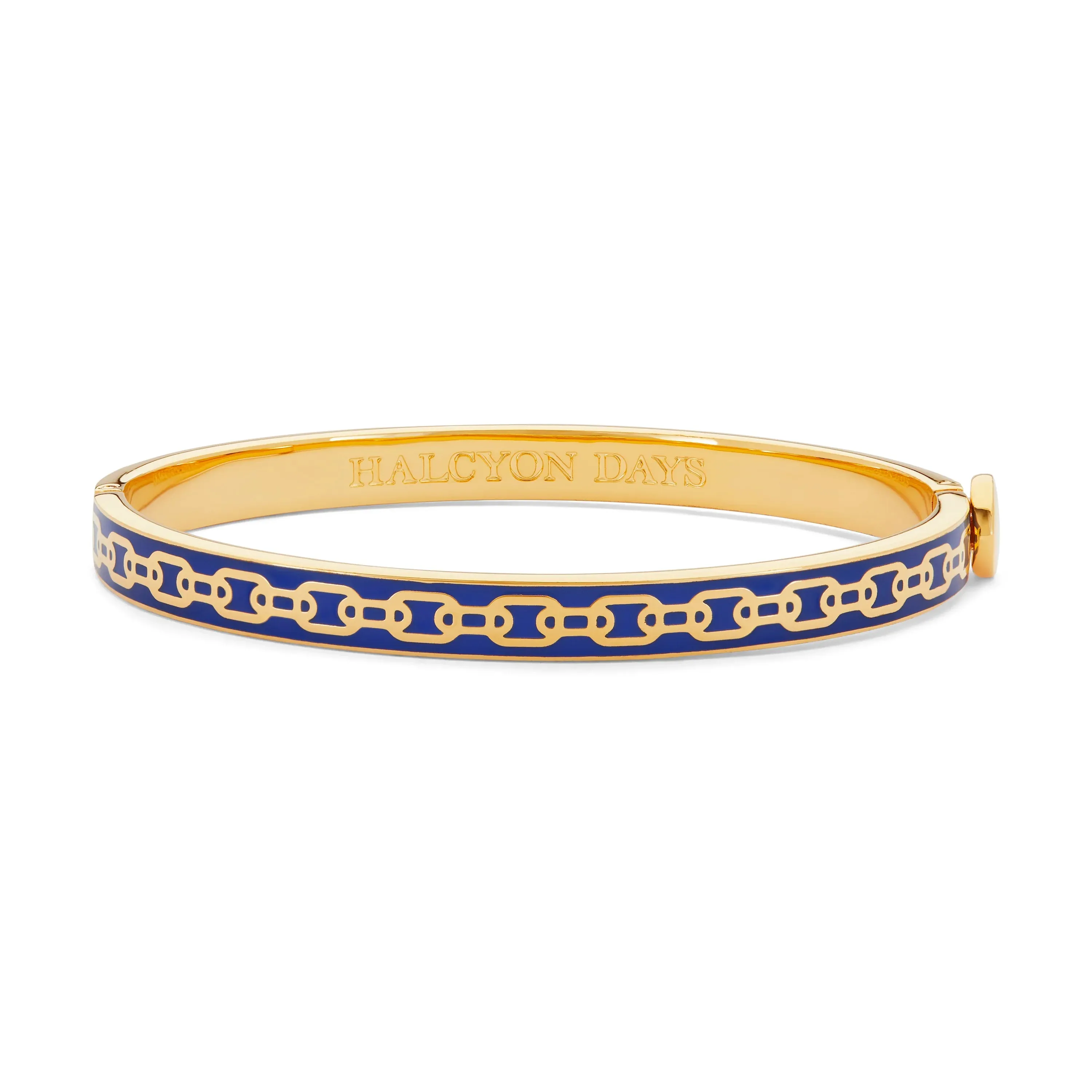 HALCYON DAYS 18K YELLOW GOLD PLATED 6MM SKINNY CHAIN DEEP COBALT BLUE ENAMEL BANGLE BRACELET