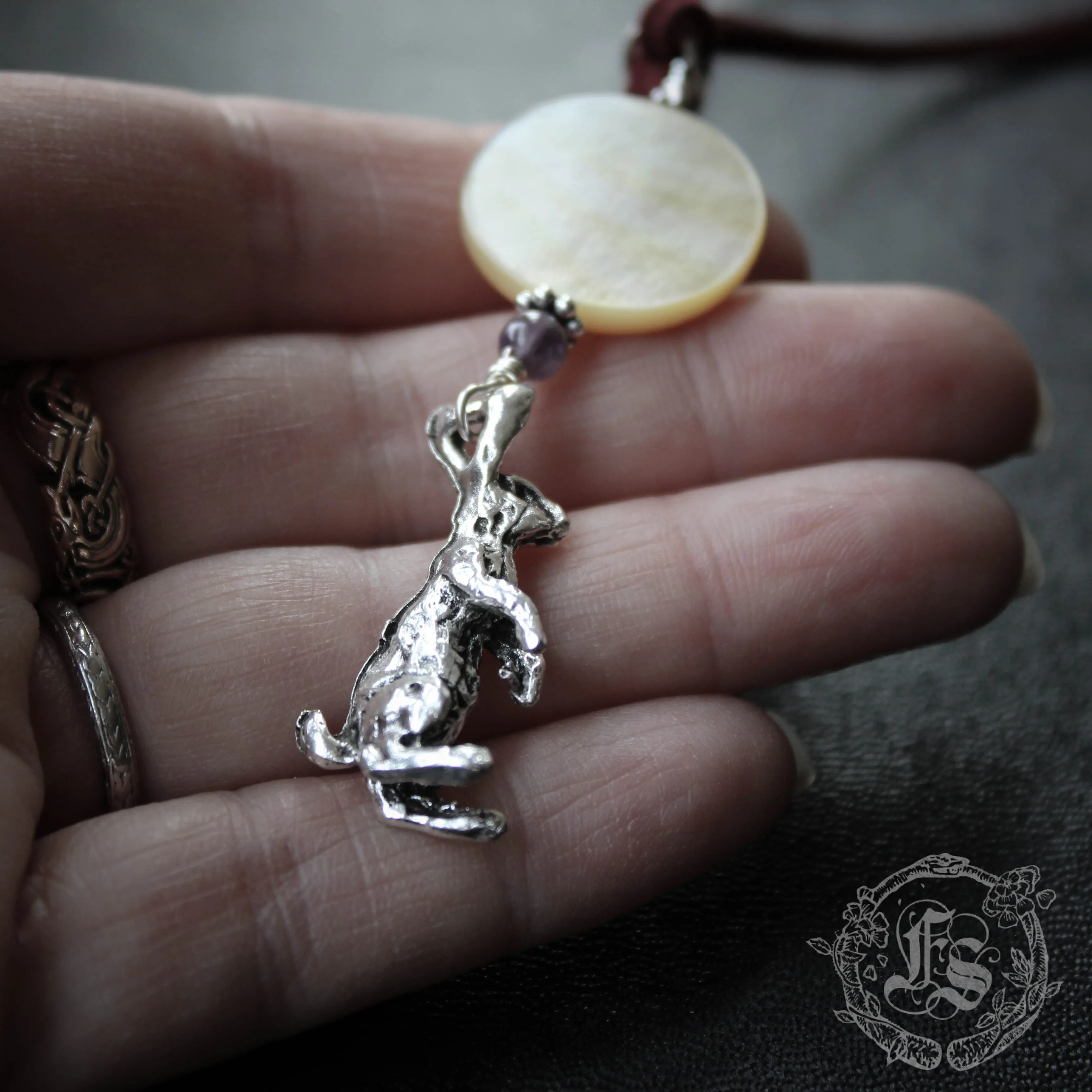 Hare and Moon Pendant Necklace in Silver