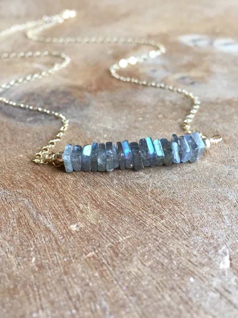 Healing Labradorite Bar Necklace Sterling Silver or Gold Fill