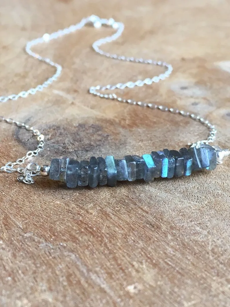 Healing Labradorite Bar Necklace Sterling Silver or Gold Fill