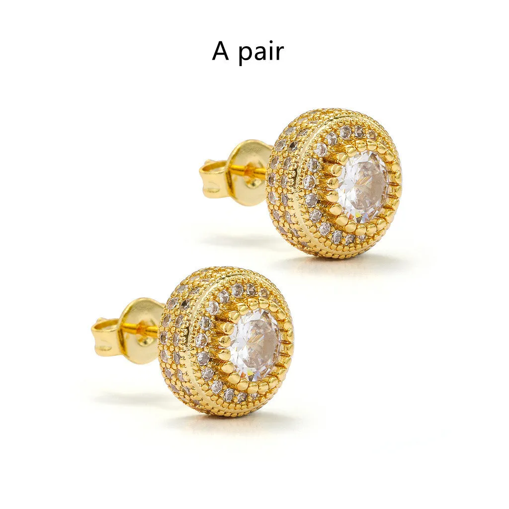 Hip Hop Round Full Zircon Earrings Rose Gold For Men And Women