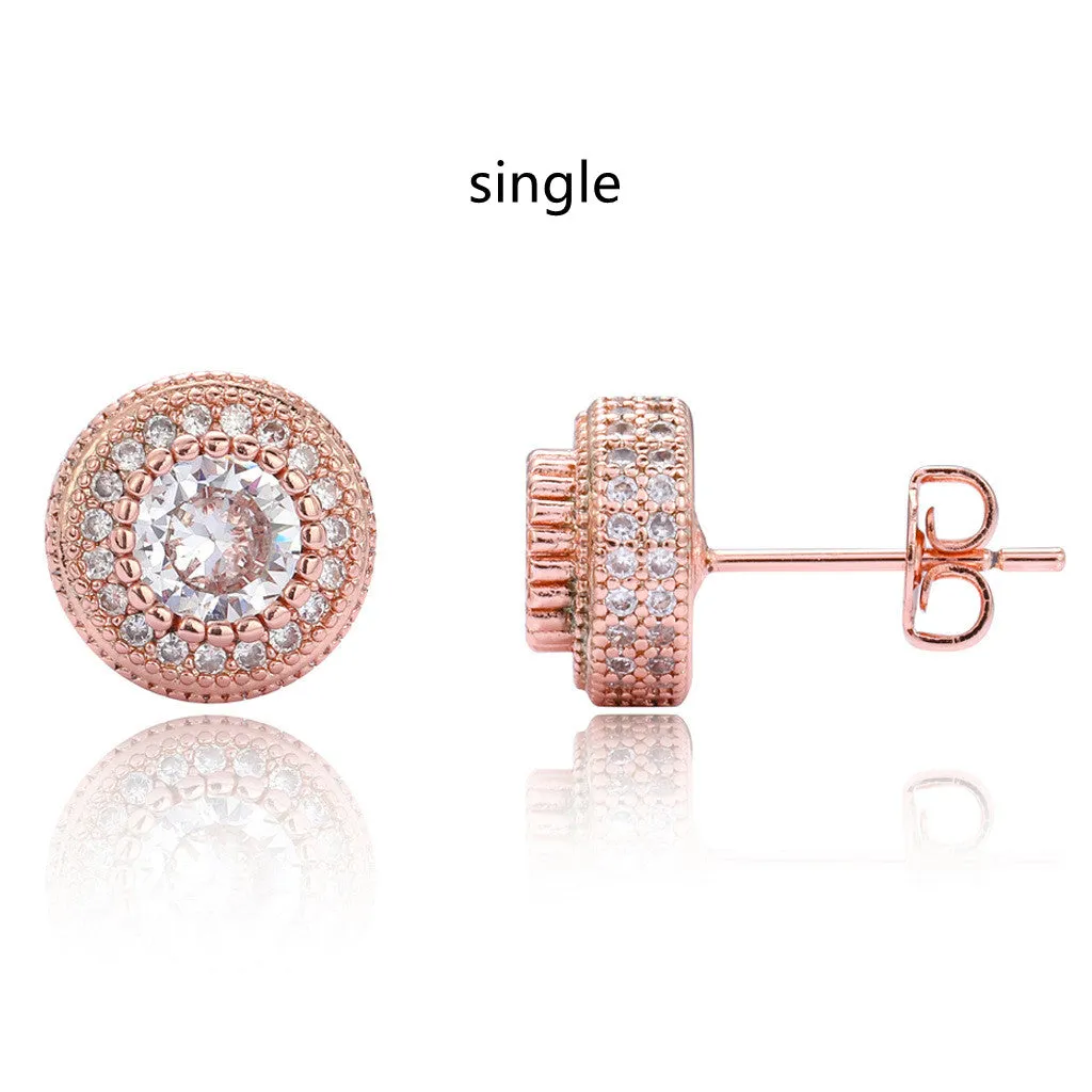 Hip Hop Round Full Zircon Earrings Rose Gold For Men And Women