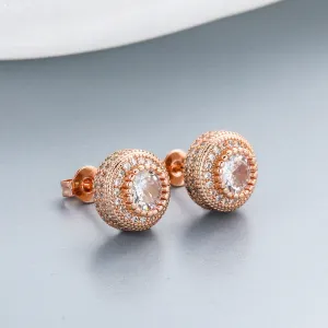 Hip Hop Round Full Zircon Earrings Rose Gold For Men And Women