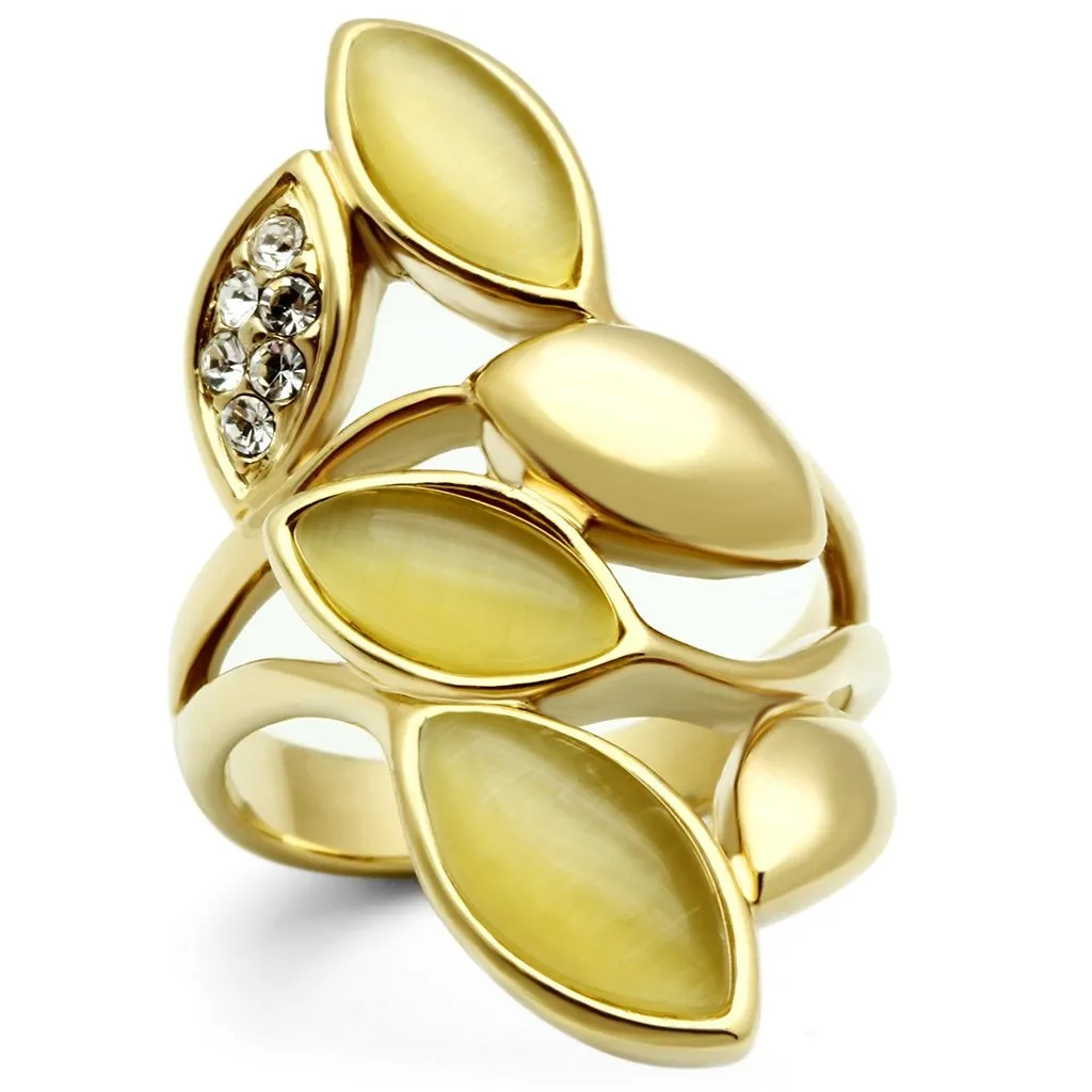 IP Gold(Ion Plating) Brass Ring with Synthetic Cat Eye in Citrine Yellow for Women Style GL302