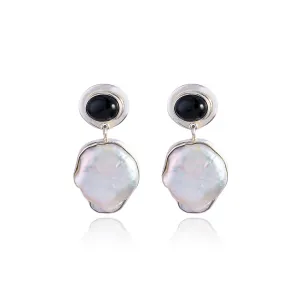 Jackie Baroque Pearl and Black Onyx Earrings, Sterling Silver