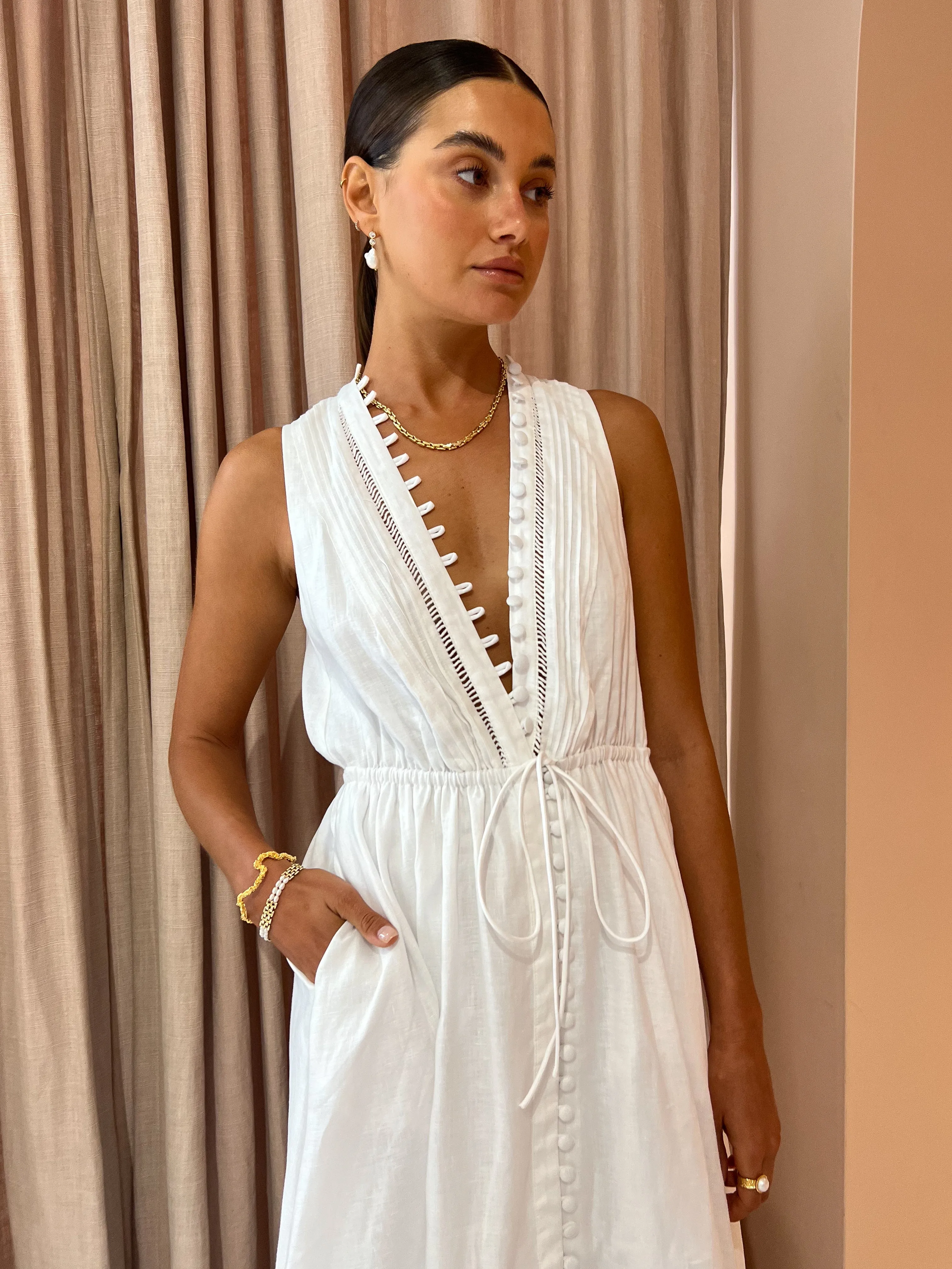 Joslin Melinda Linen Ramie Sleeveless Maxi Dress in Optical White