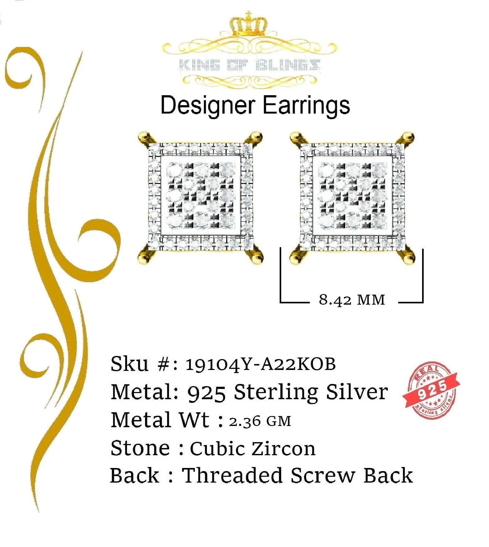 King of Bling's Aretes Para Hombre 925 Yellow Silver 0.96ct Cubic Zirconia Square Women Earring