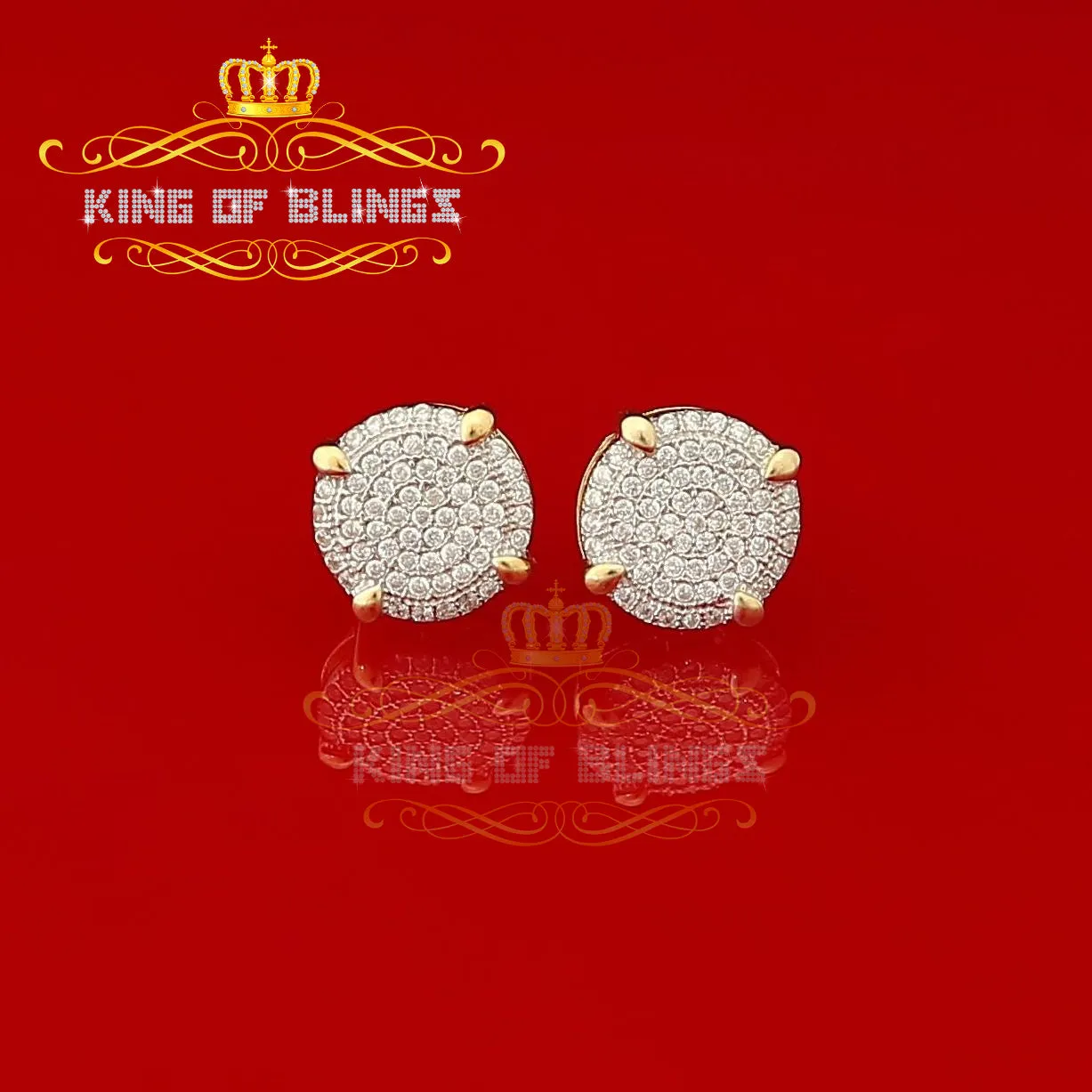 King of Bling's Aretes Para Hombre 925 Yellow Silver 1.06ct Cubic Zirconia Round Mens Earrings