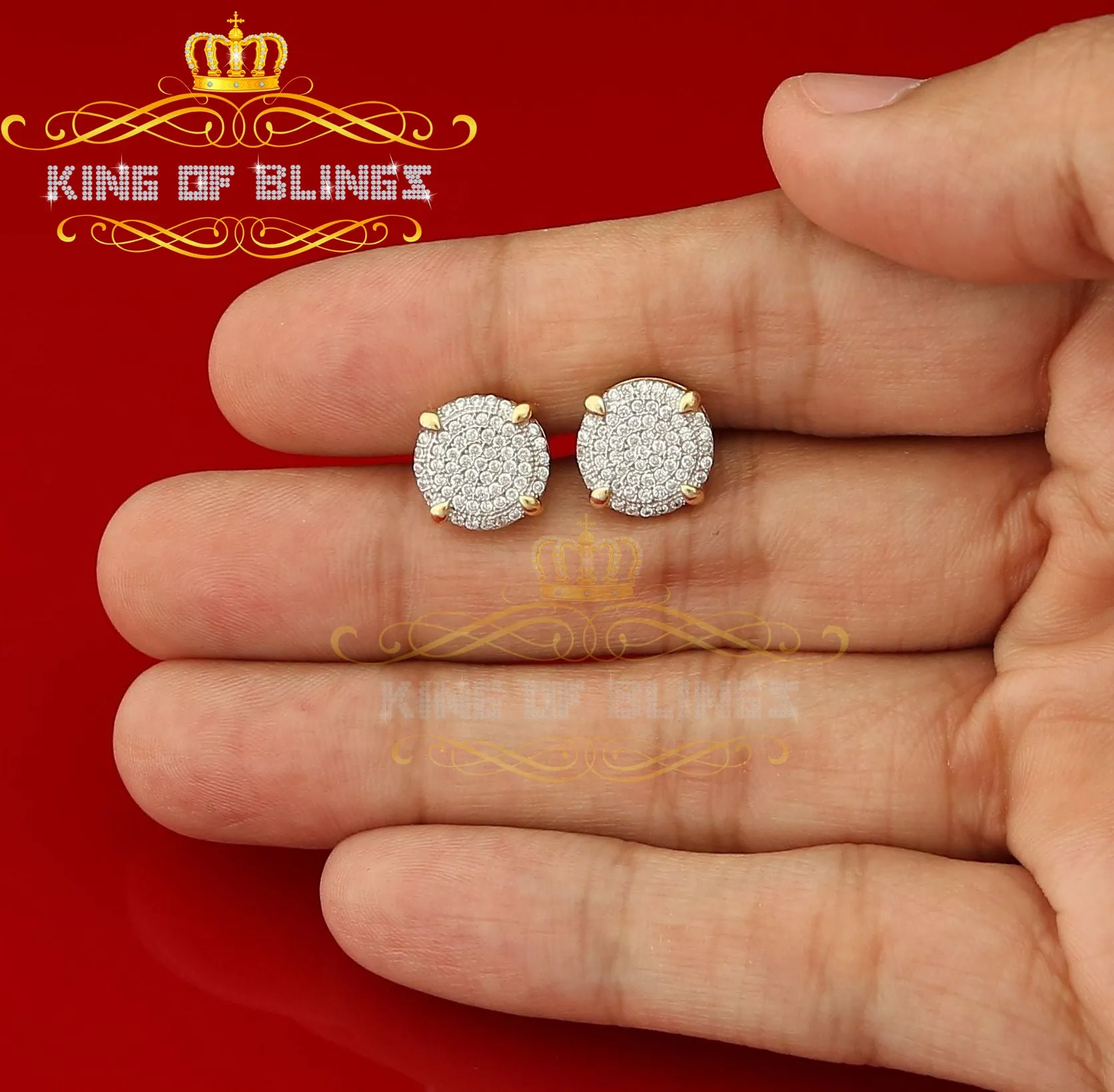 King of Bling's Aretes Para Hombre 925 Yellow Silver 1.06ct Cubic Zirconia Round Mens Earrings