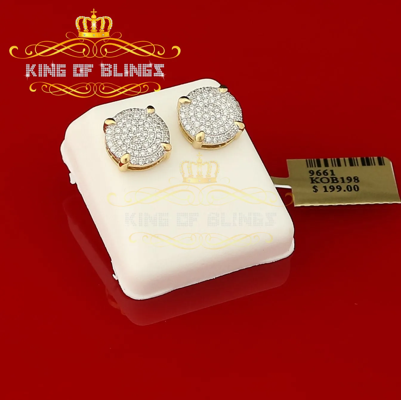 King of Bling's Aretes Para Hombre 925 Yellow Silver 1.06ct Cubic Zirconia Round Mens Earrings