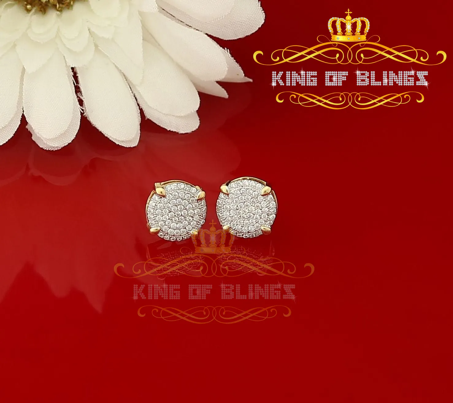 King of Bling's Aretes Para Hombre 925 Yellow Silver 1.06ct Cubic Zirconia Round Mens Earrings