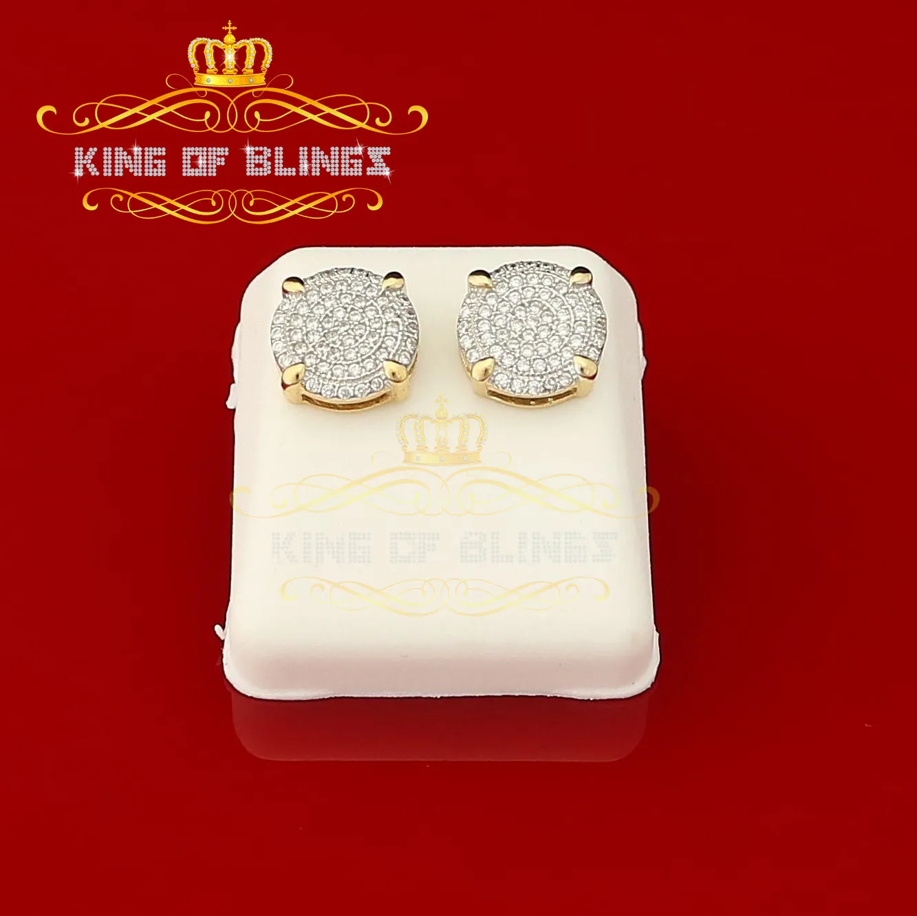 King of Bling's Aretes Para Hombre 925 Yellow Silver 1.06ct Cubic Zirconia Round Mens Earrings