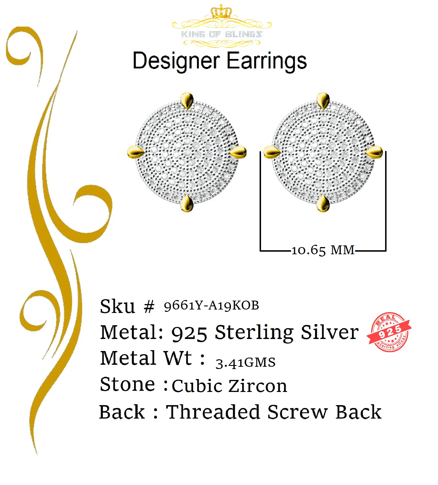 King of Bling's Aretes Para Hombre 925 Yellow Silver 1.06ct Cubic Zirconia Round Mens Earrings