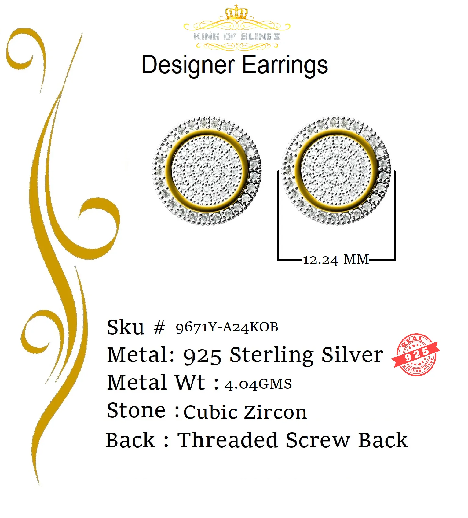 King of Bling's Aretes Para Hombre 925 Yellow Silver 1.07ct Cubic Zirconia Round Men's Earring