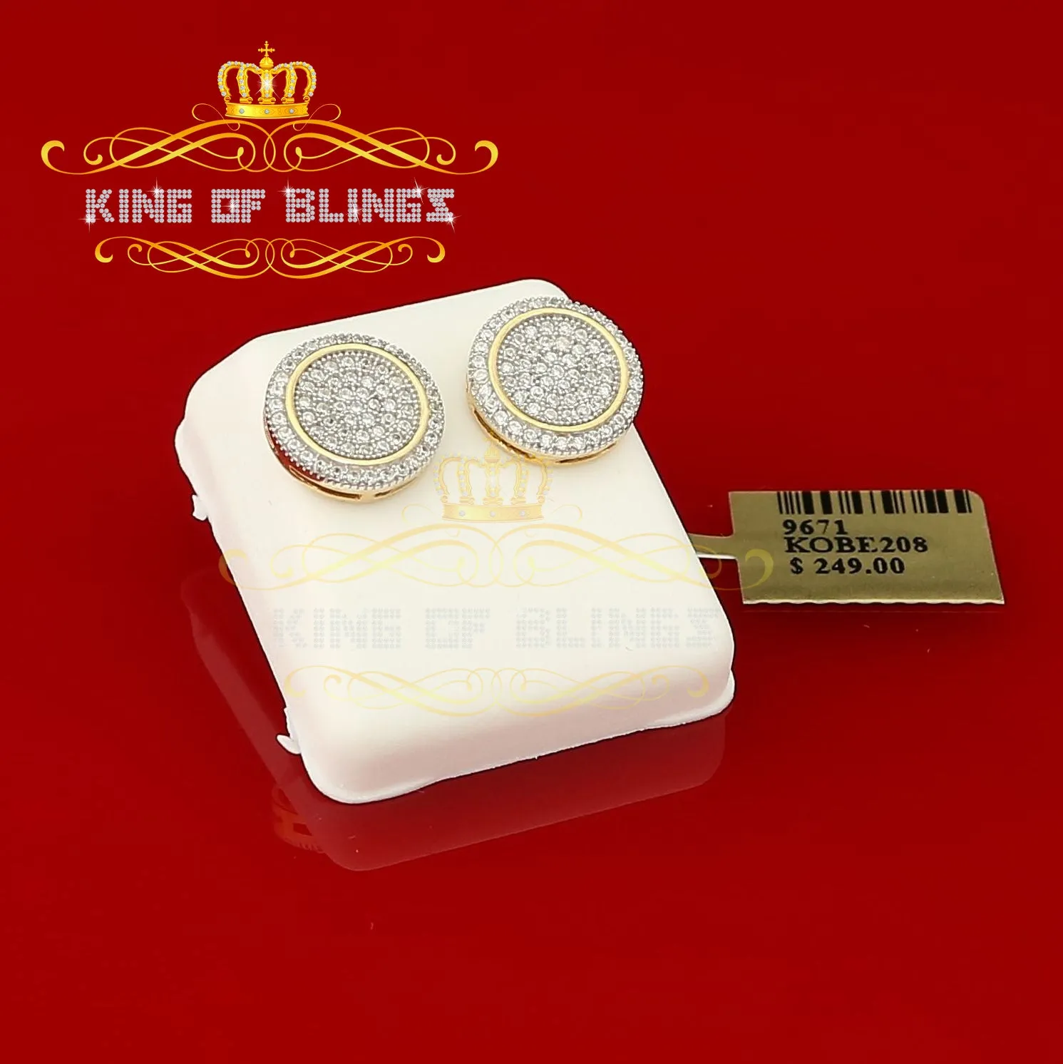 King of Bling's Aretes Para Hombre 925 Yellow Silver 1.07ct Cubic Zirconia Round Men's Earring