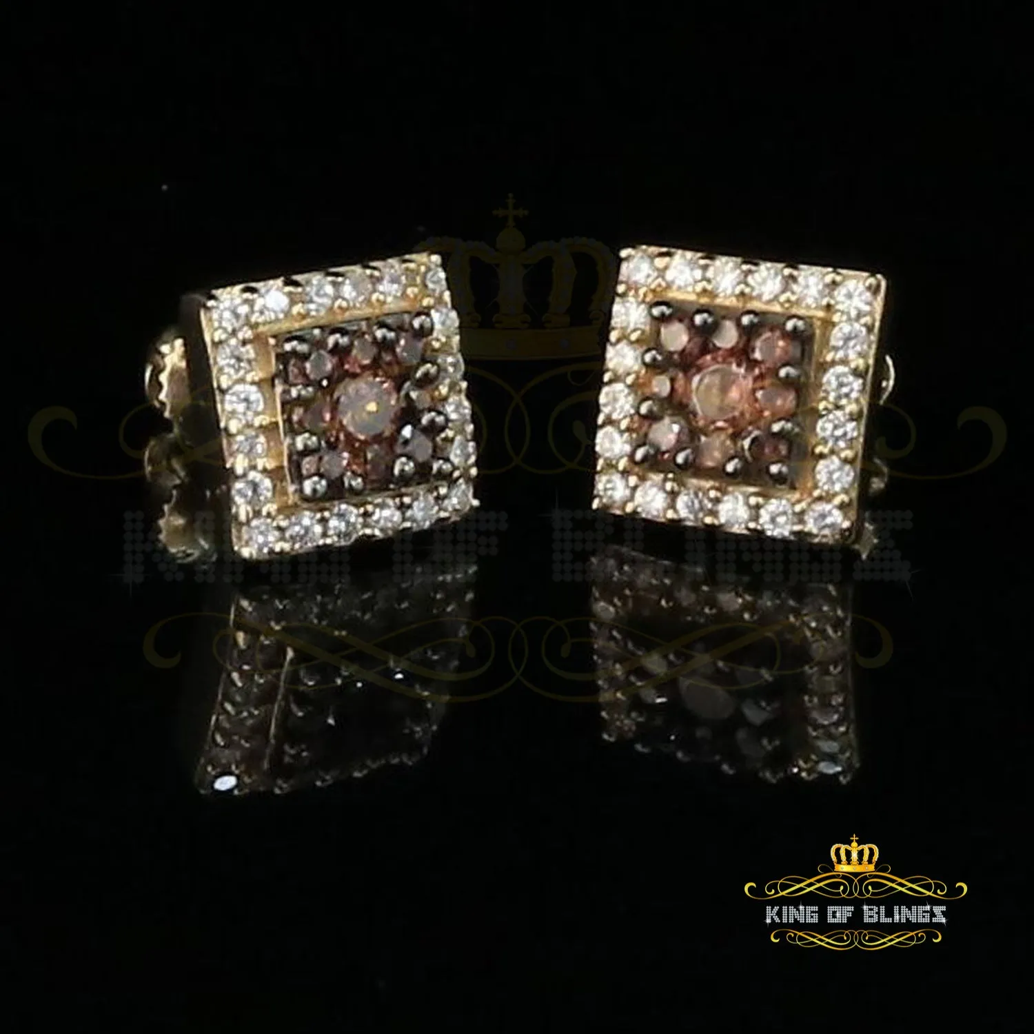 King of Bling's Hip Hop 925 Yellow Silver 1.23ct Cubic Zirconia Women's & Men's Square Earrings