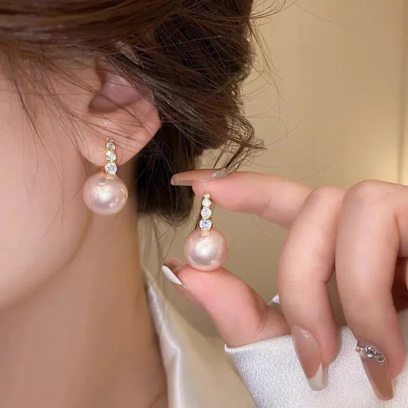 Korea Fashion New Light Luxury Zircon Simple Classic Pearl Drop Birthday Party Gift South Earring