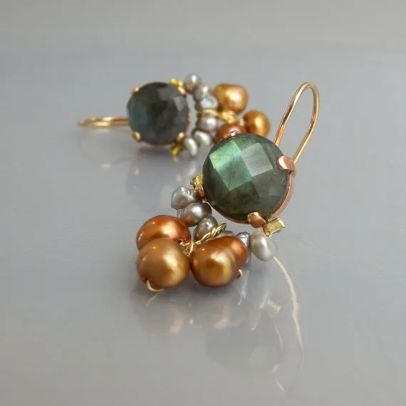 Labradorite Pearl Clover Earrings