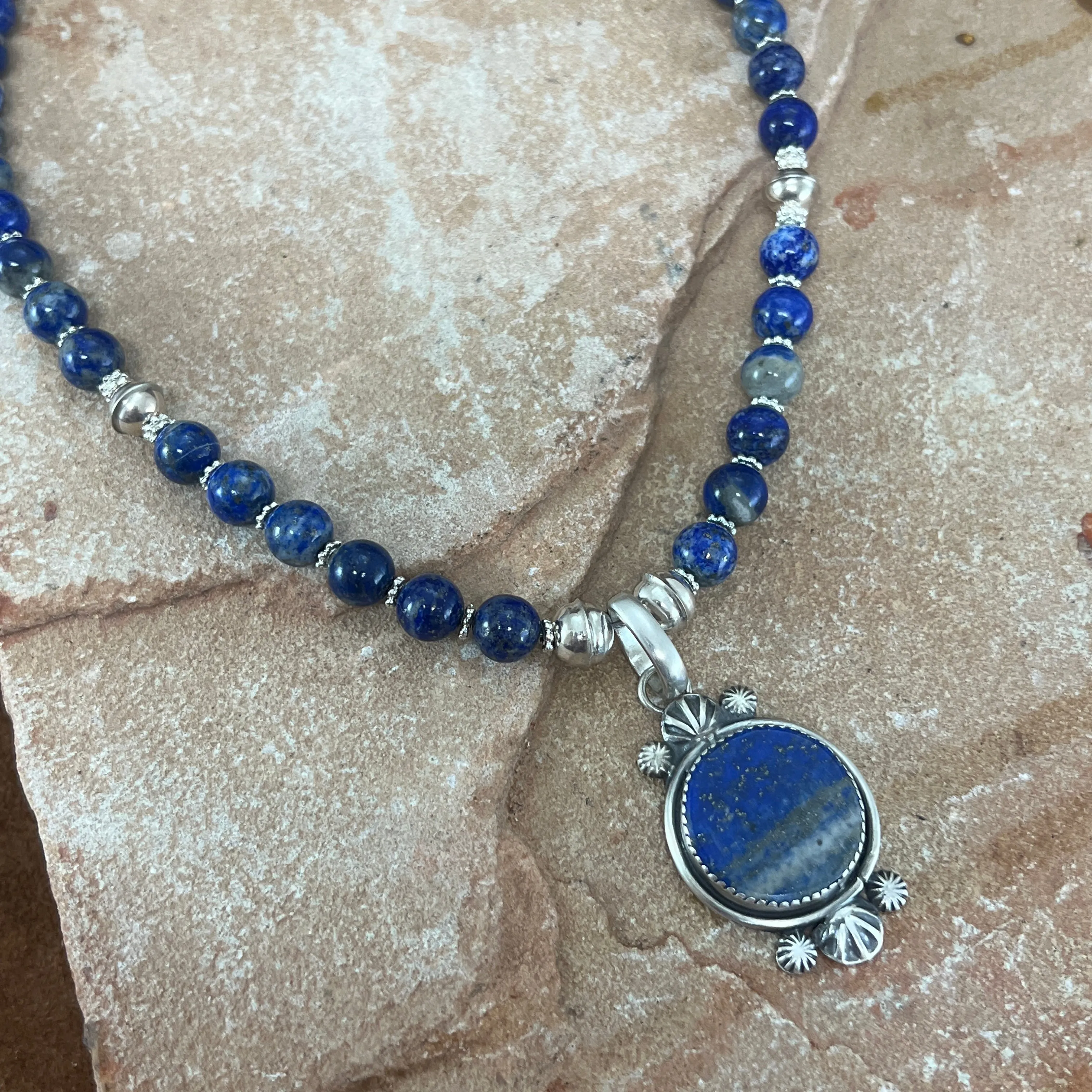 Lapis Sterling Silver Navajo Pearl Beaded Necklace Pendant by Mary Tso