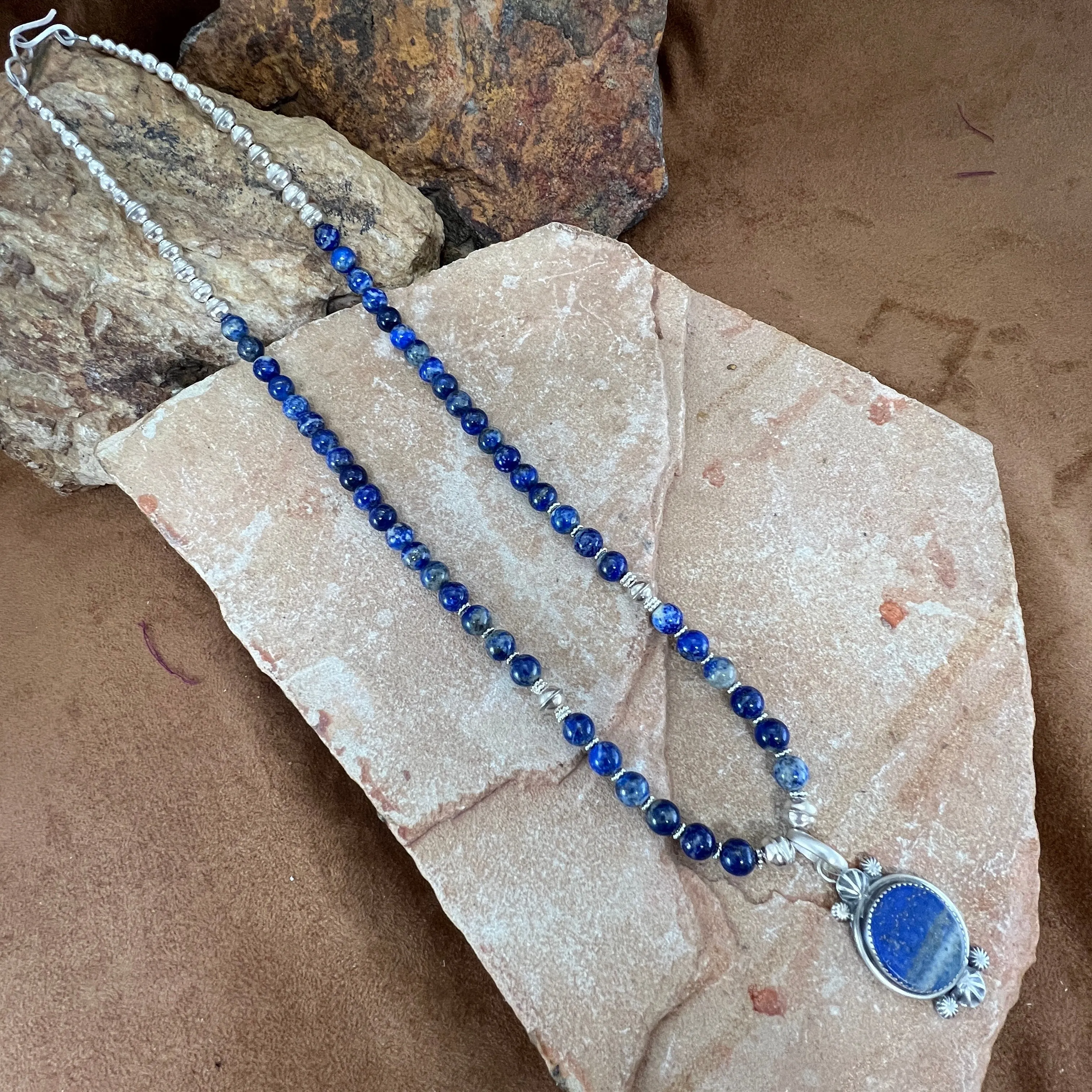 Lapis Sterling Silver Navajo Pearl Beaded Necklace Pendant by Mary Tso