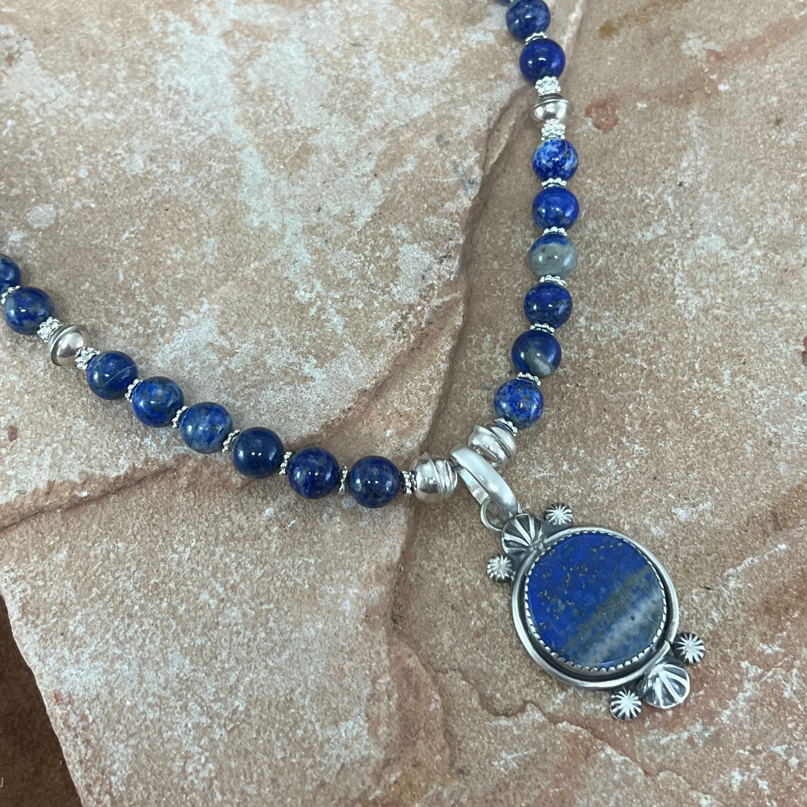 Lapis Sterling Silver Navajo Pearl Beaded Necklace Pendant by Mary Tso