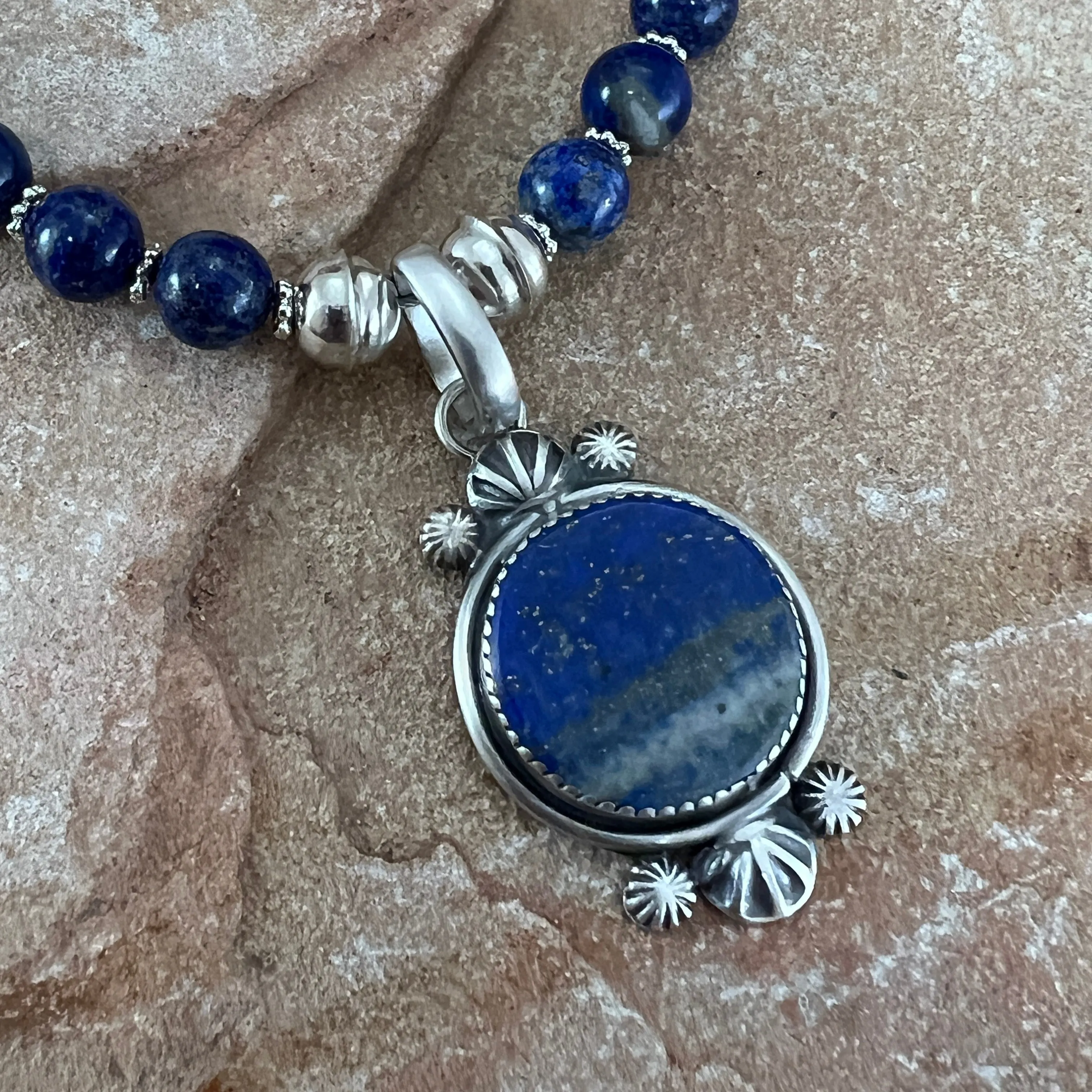 Lapis Sterling Silver Navajo Pearl Beaded Necklace Pendant by Mary Tso