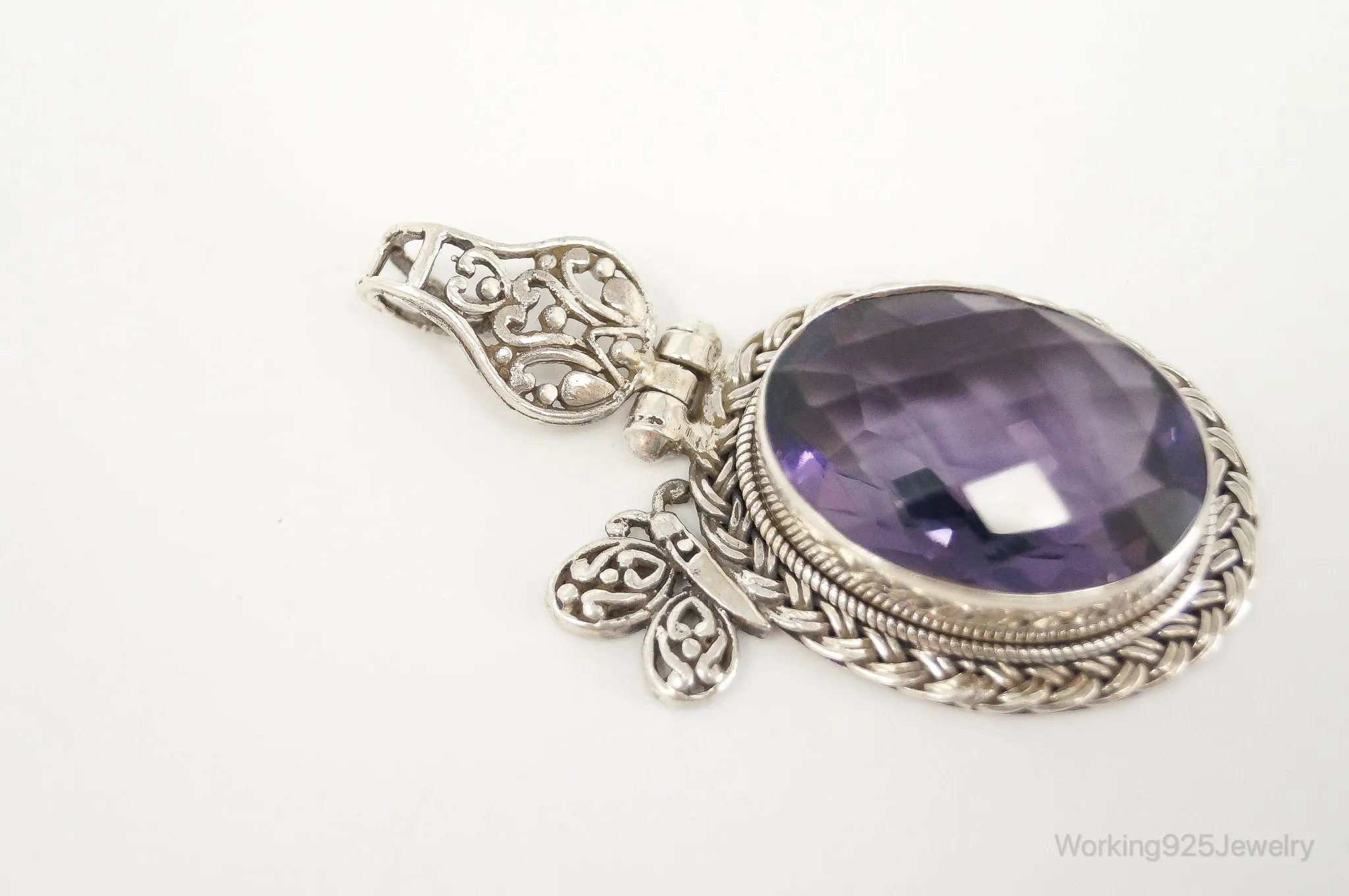 Large Amethyst Butterfly Bali Sterling Silver Necklace Pendant