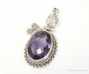 Large Amethyst Butterfly Bali Sterling Silver Necklace Pendant