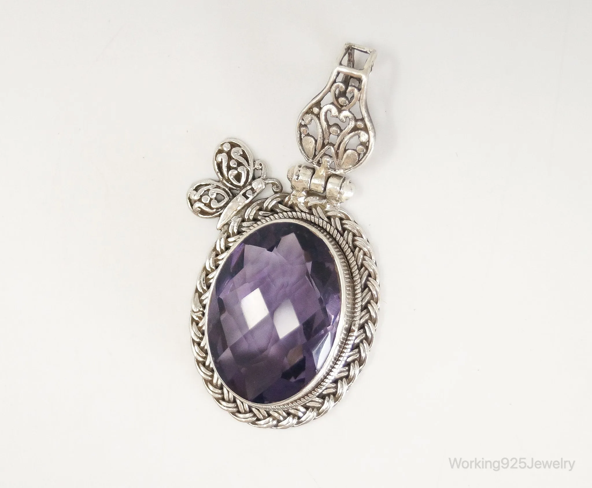 Large Amethyst Butterfly Bali Sterling Silver Necklace Pendant