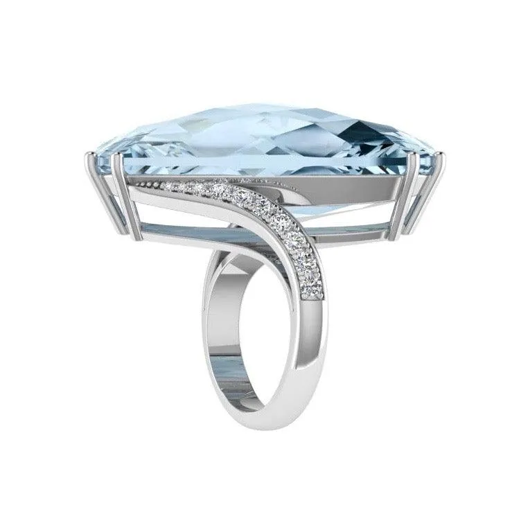 Large Cushion Blue Topaz and Diamond Ring 18K Gold