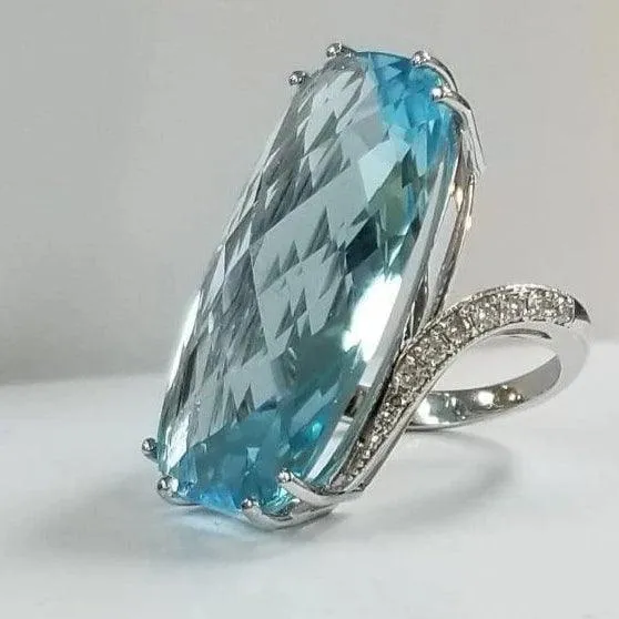 Large Cushion Blue Topaz and Diamond Ring 18K Gold