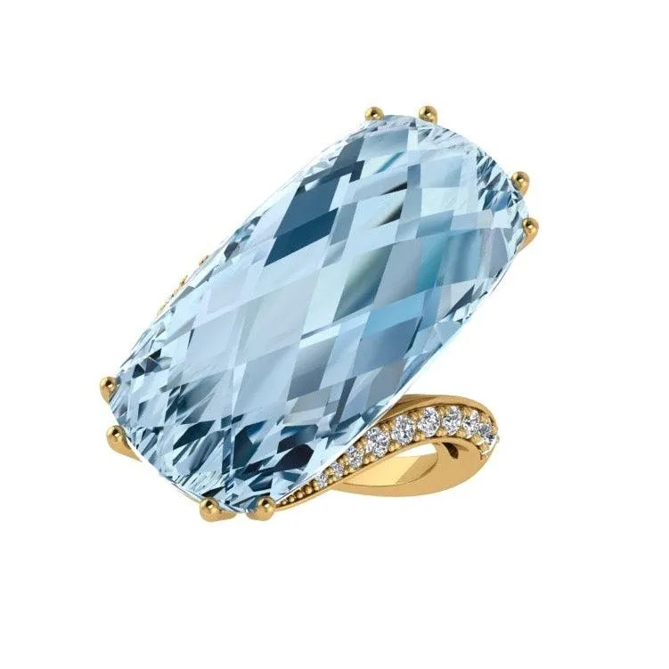 Large Cushion Blue Topaz and Diamond Ring 18K Gold