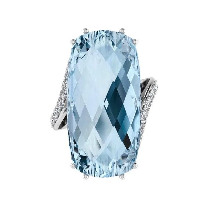 Large Cushion Blue Topaz and Diamond Ring 18K Gold