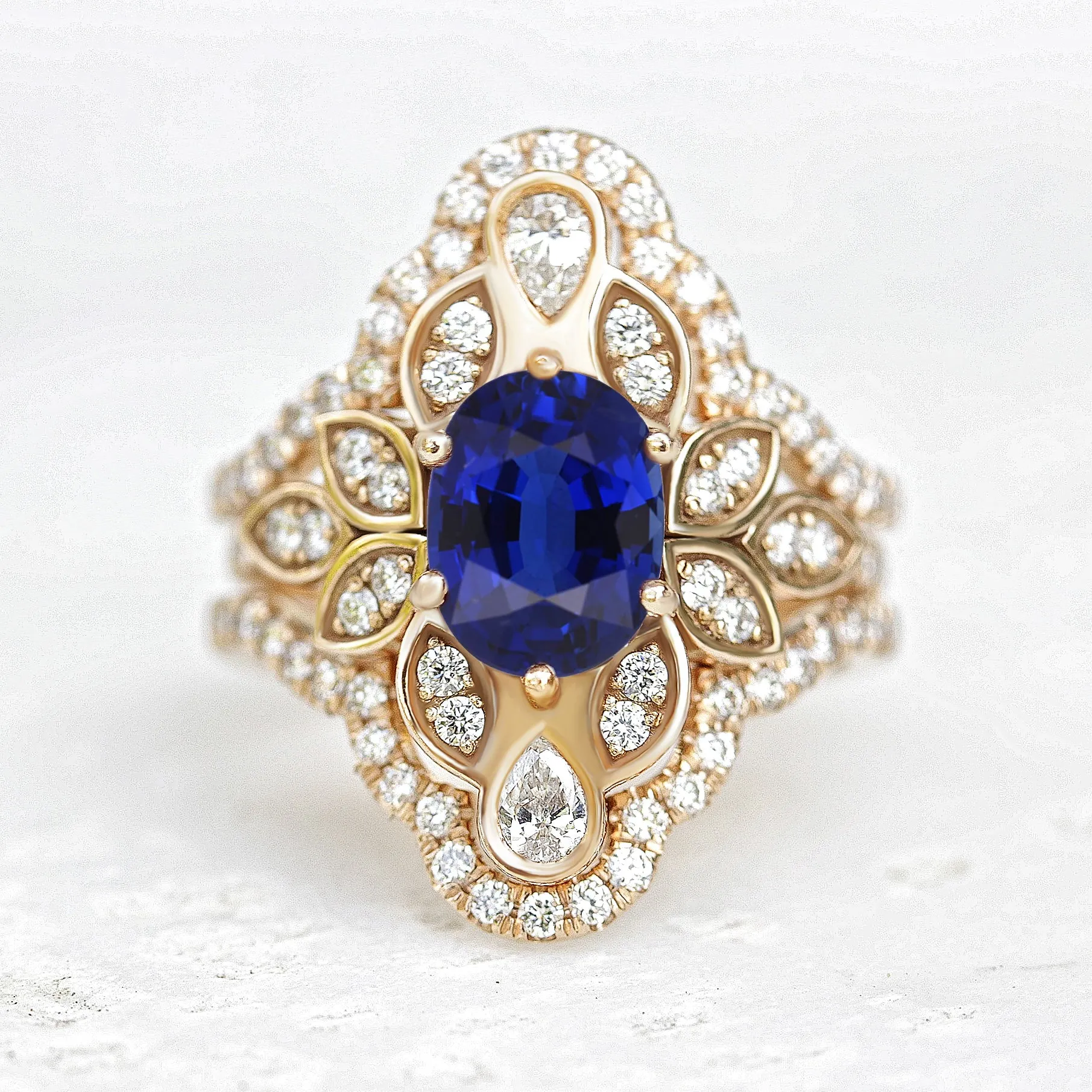 Lily #4 Blue Sapphire & Diamond Flower Unique Engagement Ring Set