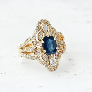 Lily #4 Blue Sapphire & Diamond Flower Unique Engagement Ring Set