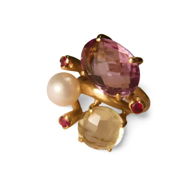 Magnificent 14K Yellow Gold Citrine Amethyst Pearl Ruby Three-Stone Ring