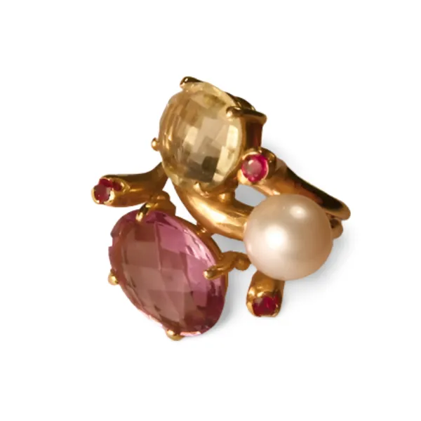 Magnificent 14K Yellow Gold Citrine Amethyst Pearl Ruby Three-Stone Ring