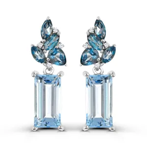 MODERN WHITE GOLD EARRINGS WITH BLUE TOPAZ AND DIAMONDS, .03 CT TW