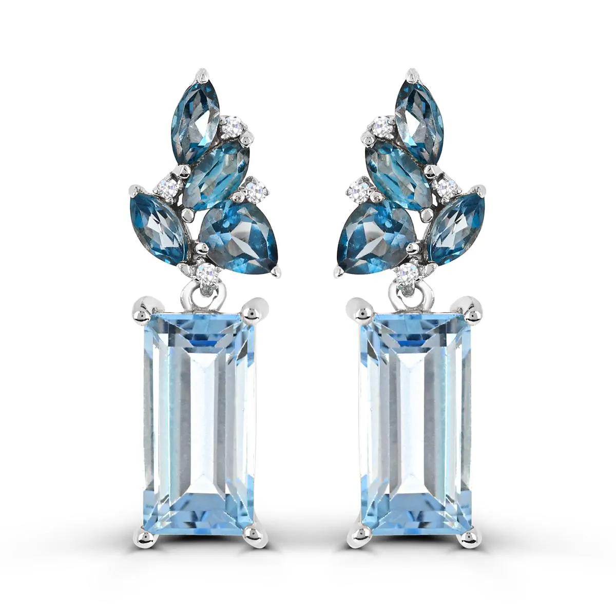 MODERN WHITE GOLD EARRINGS WITH BLUE TOPAZ AND DIAMONDS, .03 CT TW