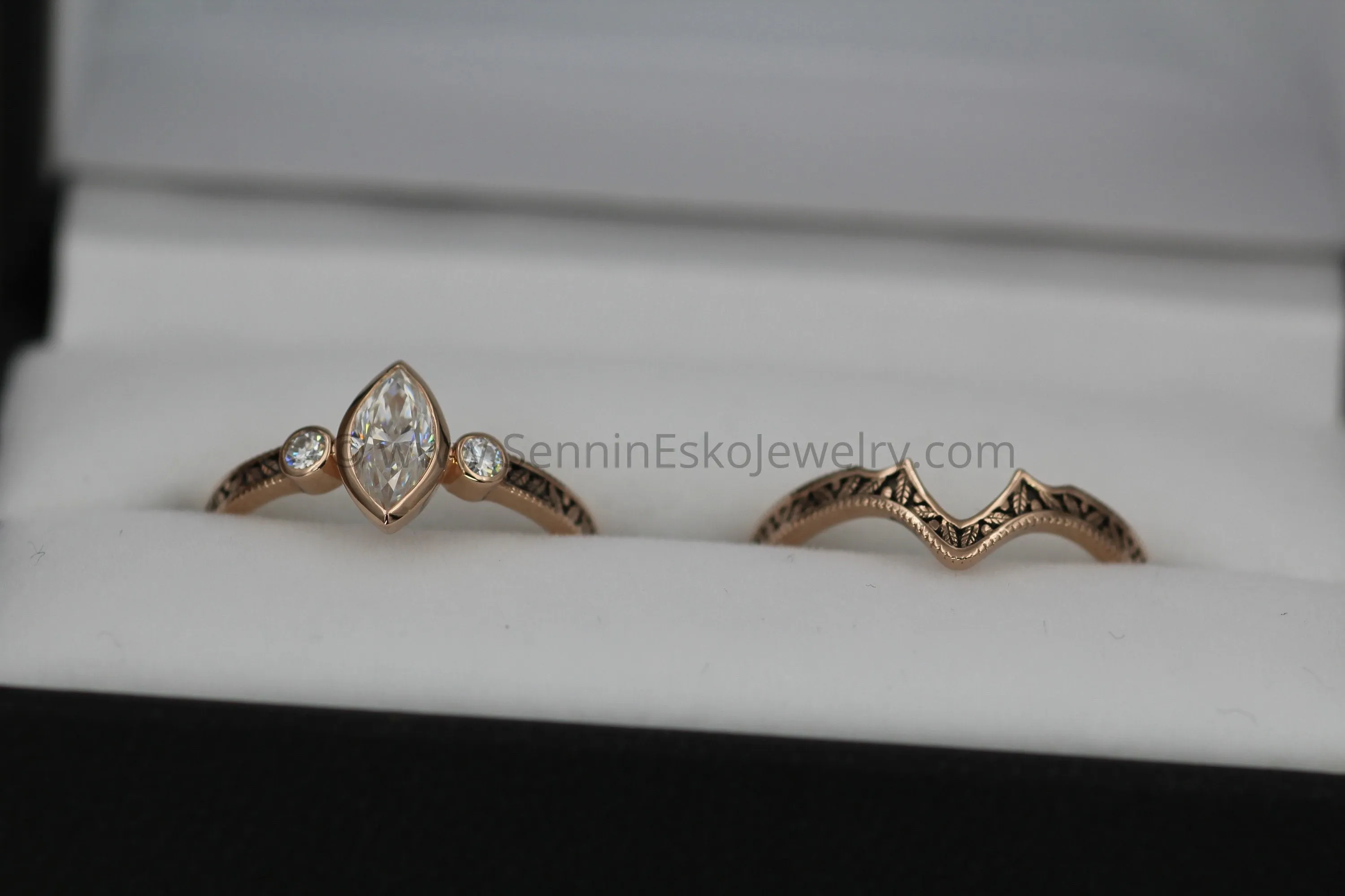 Moissanite Vintage Inspired Engagement and Wedding Ring Set - Marquise Ring - Leaf