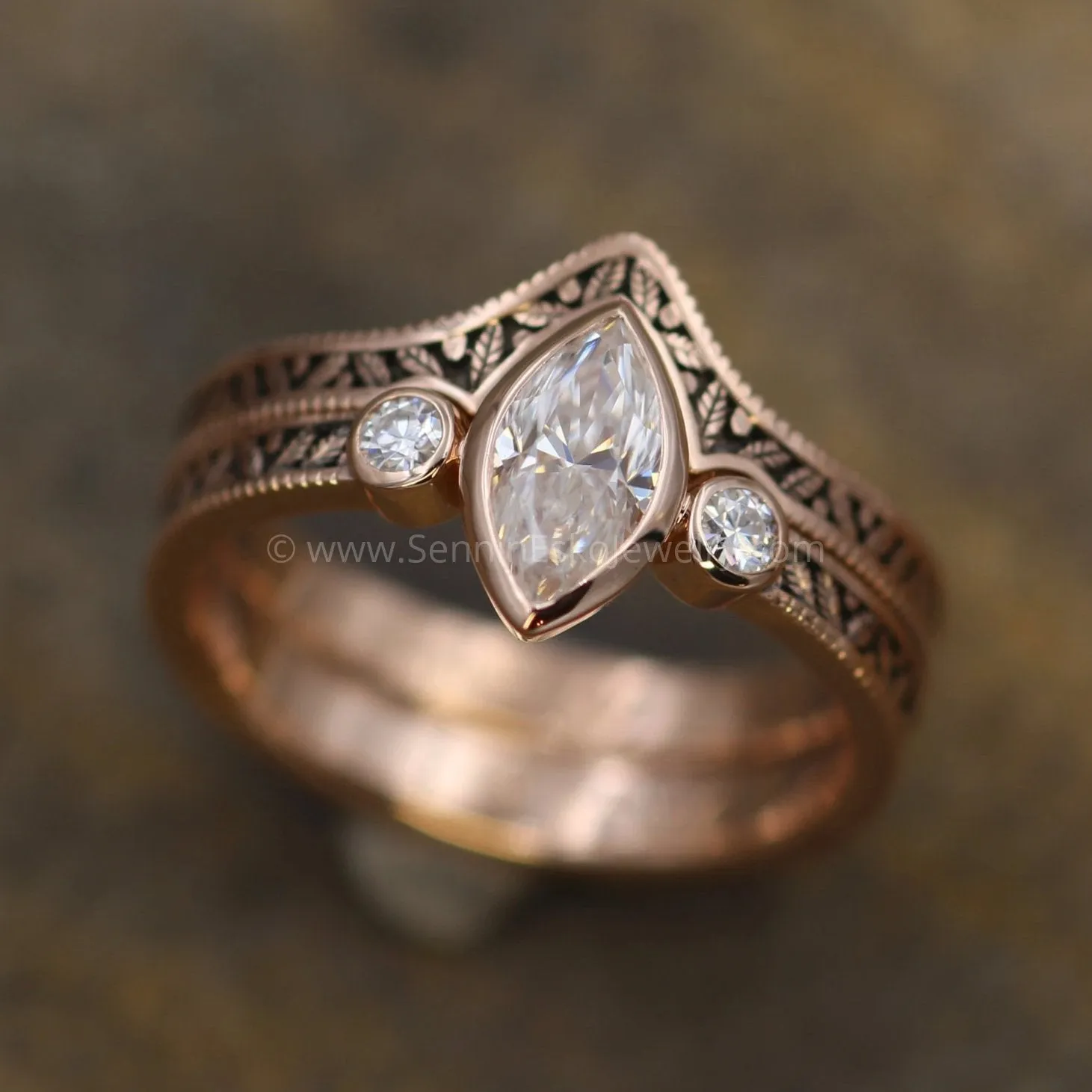 Moissanite Vintage Inspired Engagement and Wedding Ring Set - Marquise Ring - Leaf