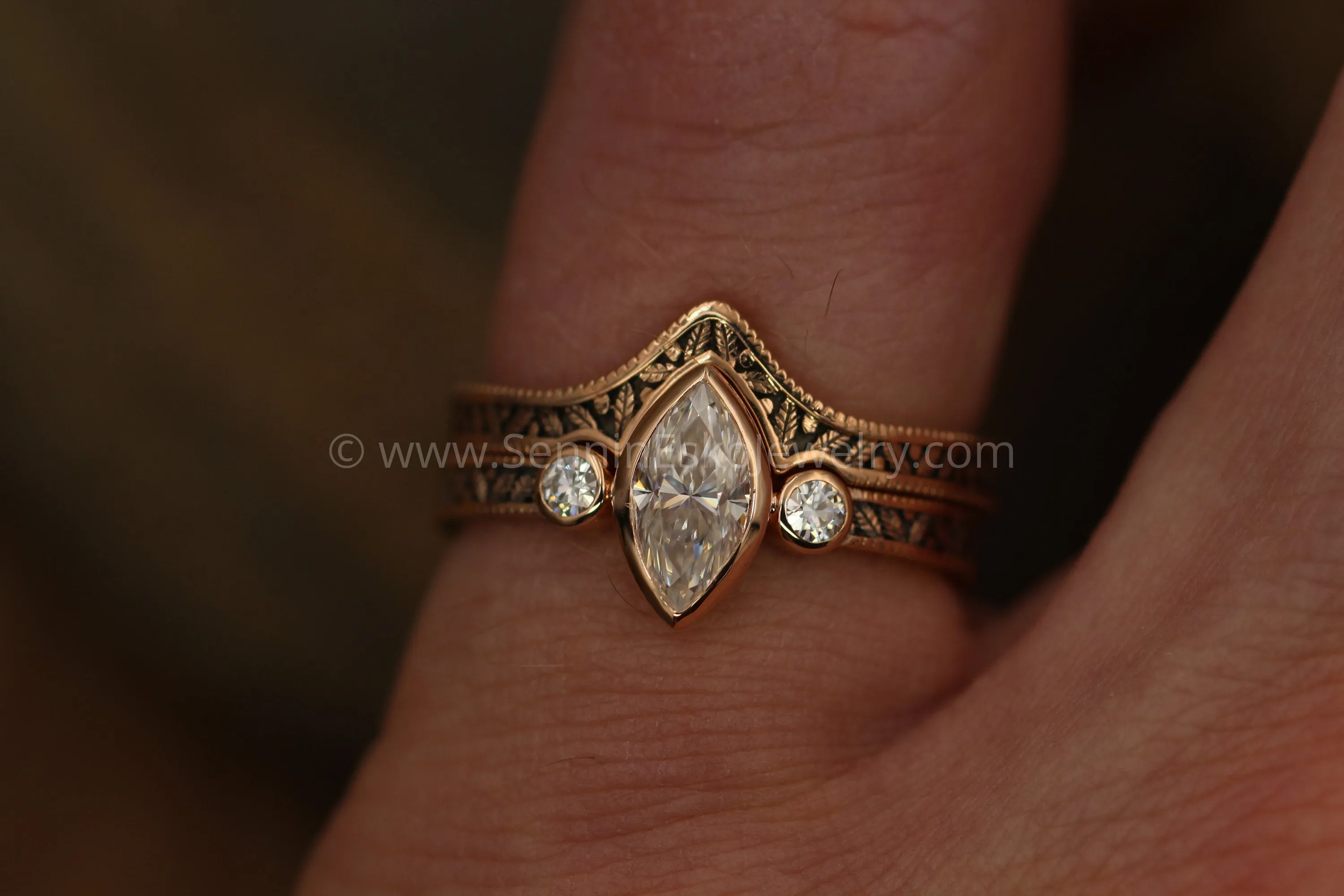 Moissanite Vintage Inspired Engagement and Wedding Ring Set - Marquise Ring - Leaf