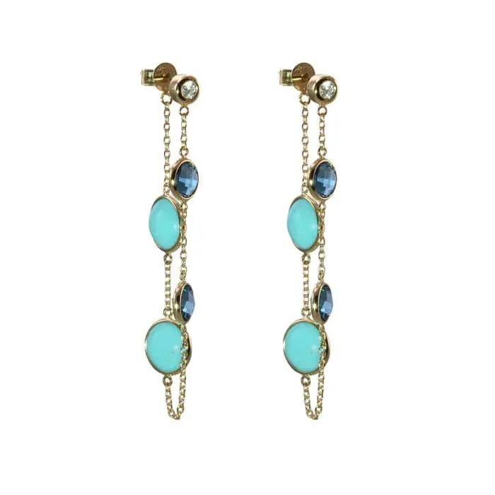 Mountz Collection Turqoise and London Blue Topaz Front/Back Earrings with Diamond Top in 14K Yellow Gold