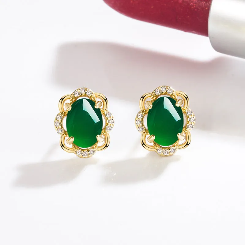 Natural Emerald  Earrings for Woman Real Luxury Female 18k Gold Jewelry Vintage Double Stud Earrings for Women Yellow Gold