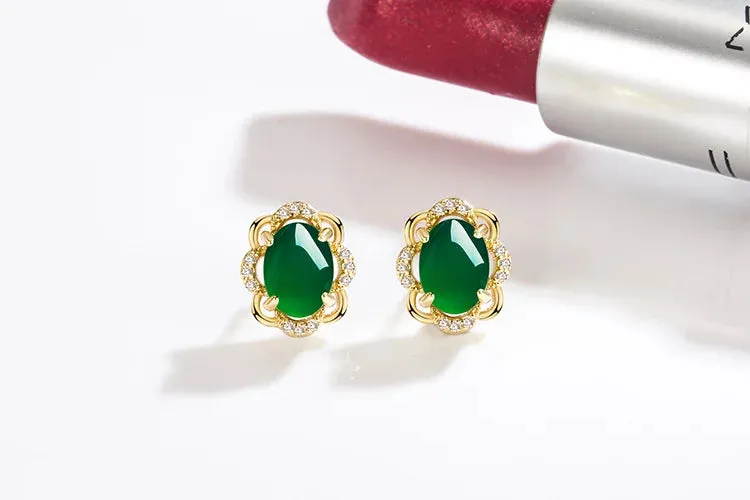 Natural Emerald  Earrings for Woman Real Luxury Female 18k Gold Jewelry Vintage Double Stud Earrings for Women Yellow Gold