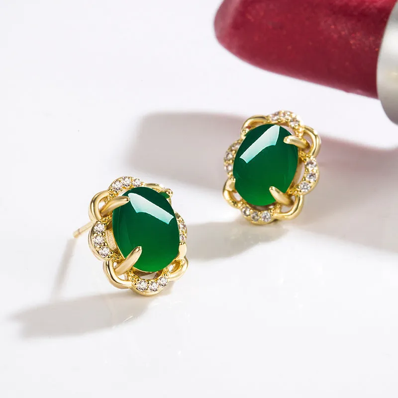 Natural Emerald  Earrings for Woman Real Luxury Female 18k Gold Jewelry Vintage Double Stud Earrings for Women Yellow Gold