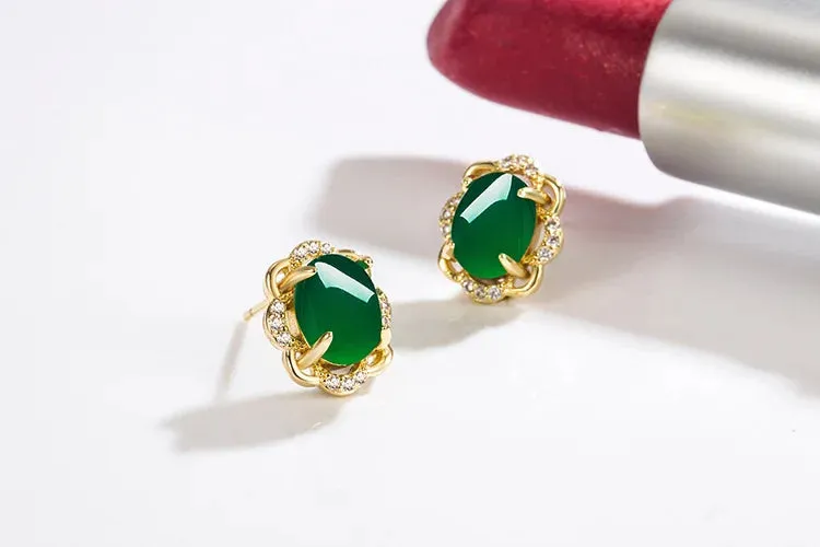 Natural Emerald  Earrings for Woman Real Luxury Female 18k Gold Jewelry Vintage Double Stud Earrings for Women Yellow Gold