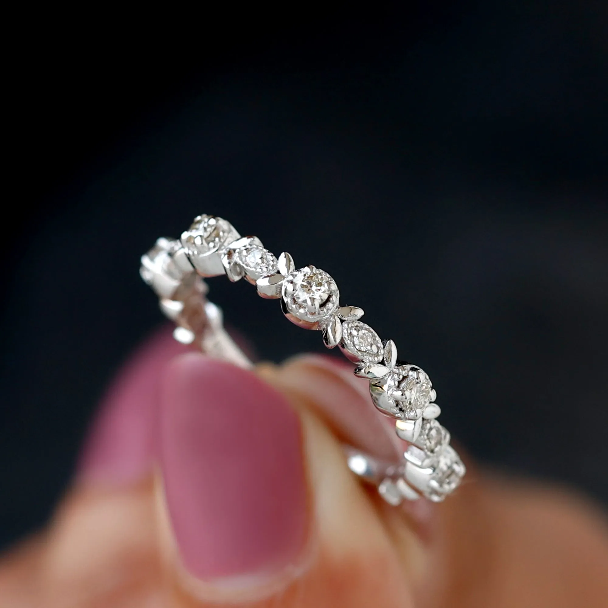 Nature Inspired Diamond Leaf Stackable Ring with Beaded Details