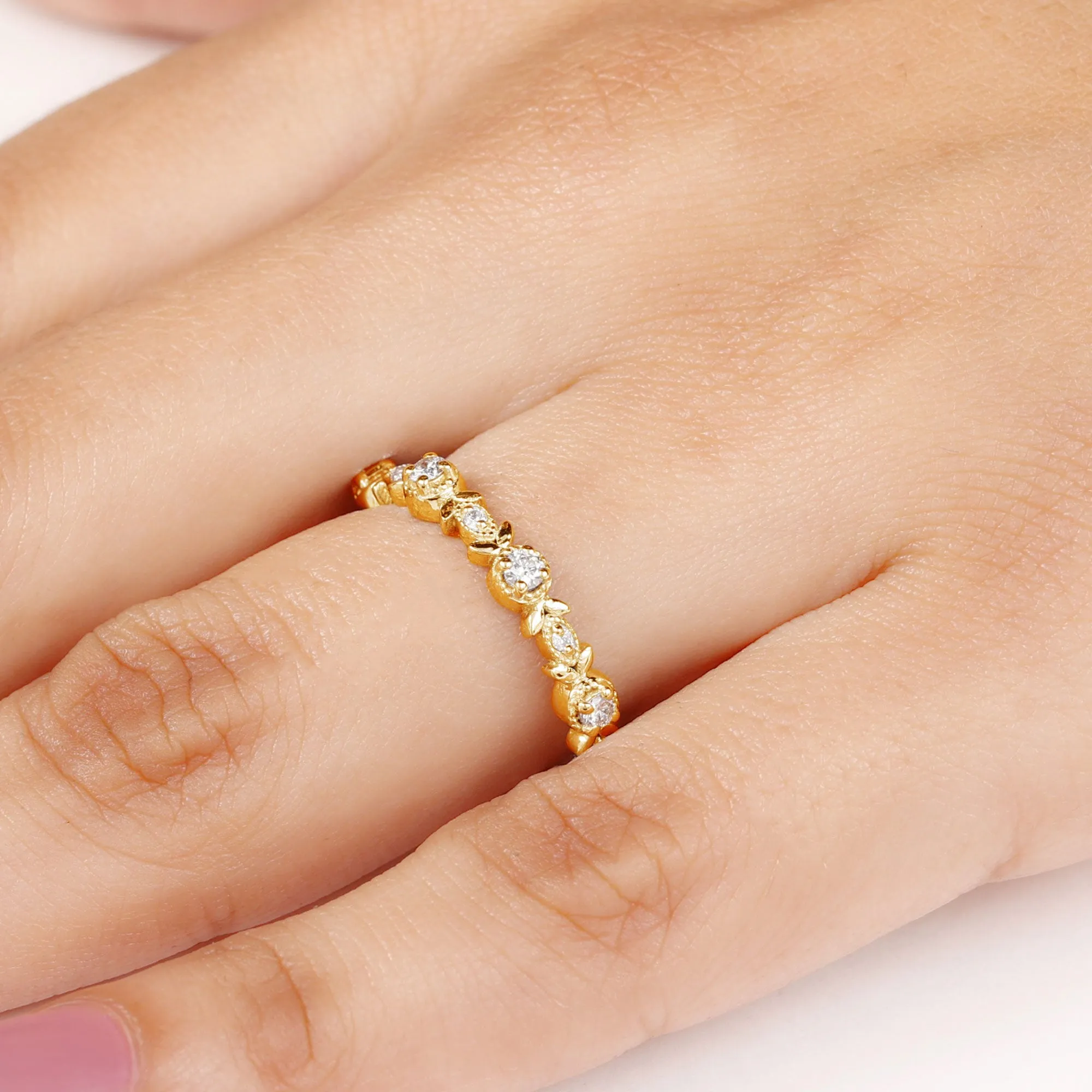 Nature Inspired Diamond Leaf Stackable Ring with Beaded Details