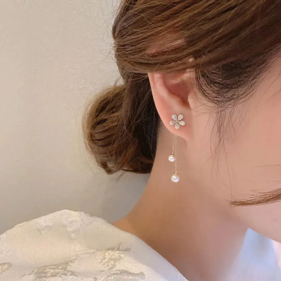 New Zircon Flower Stud Fashion Temperament Long Tassel Pearl Drop Wedding Gifts Korea Earring